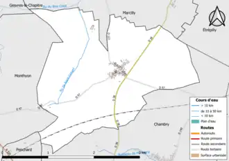 Carte en couleur présentant le réseau hydrographique de la commune
