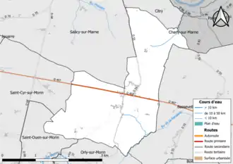 Carte en couleur présentant le réseau hydrographique de la commune