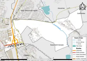 Carte en couleur présentant le réseau hydrographique de la commune