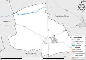 Carte en couleur présentant le réseau hydrographique de la commune