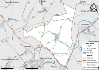 Carte en couleur présentant le réseau hydrographique de la commune