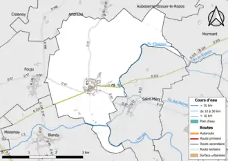 Carte en couleur présentant le réseau hydrographique de la commune