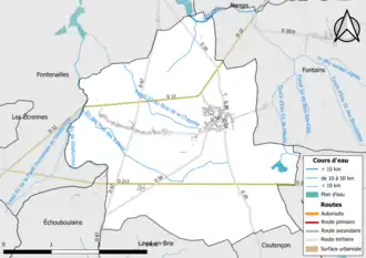 Carte en couleur présentant le réseau hydrographique de la commune