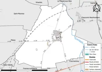 Carte en couleur présentant le réseau hydrographique de la commune