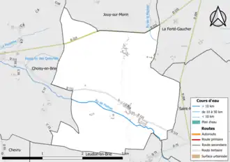Carte en couleur présentant le réseau hydrographique de la commune