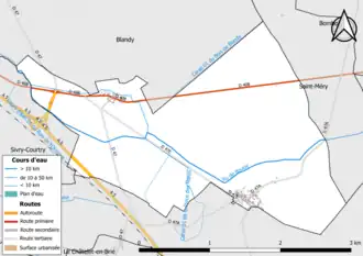 Carte en couleur présentant le réseau hydrographique de la commune