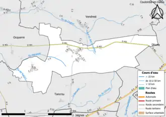 Carte en couleur présentant le réseau hydrographique de la commune