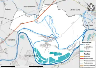 Carte en couleur présentant le réseau hydrographique de la commune