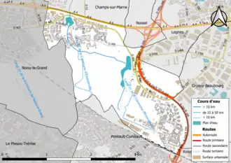 Carte en couleur présentant le réseau hydrographique de la commune