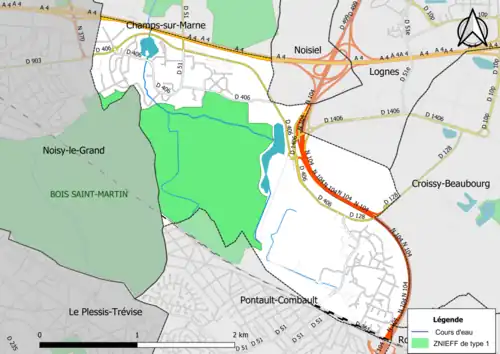 Carte des ZNIEFF de type 1 de la commune.