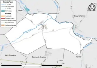 Carte en couleur présentant le réseau hydrographique de la commune