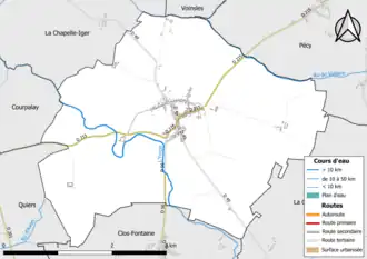 Carte en couleur présentant le réseau hydrographique de la commune