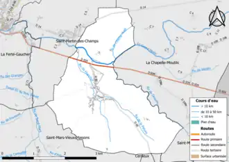 Carte en couleur présentant le réseau hydrographique de la commune