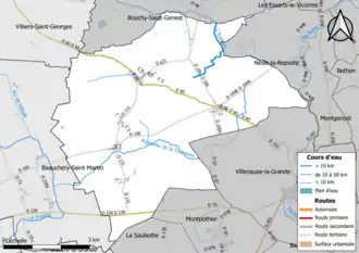 Carte en couleur présentant le réseau hydrographique de la commune