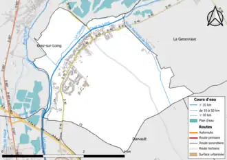 Carte en couleur présentant le réseau hydrographique de la commune