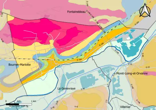 Carte montrant en couleurs le zonage géologique simplifié d'une commune