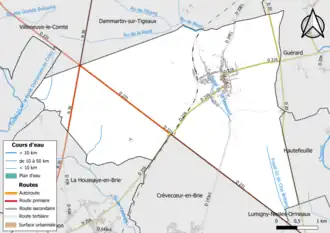 Carte en couleur présentant le réseau hydrographique de la commune