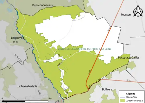 Carte des ZNIEFF de type 2 de la commune.