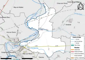 Carte en couleur présentant le réseau hydrographique de la commune