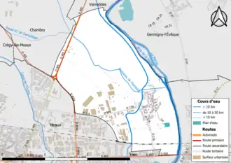 Carte en couleur présentant le réseau hydrographique de la commune