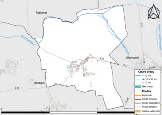 Carte en couleur présentant le réseau hydrographique de la commune