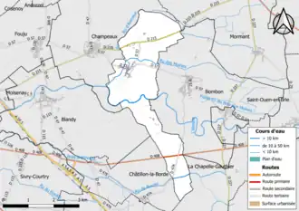 Carte en couleur présentant le réseau hydrographique de la commune