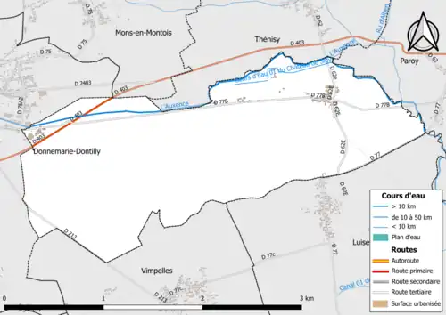 Carte en couleur présentant le réseau hydrographique de la commune