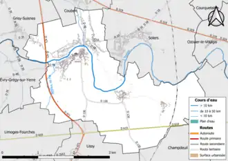 Carte en couleur présentant le réseau hydrographique de la commune
