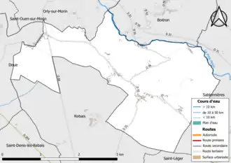 Carte en couleur présentant le réseau hydrographique de la commune
