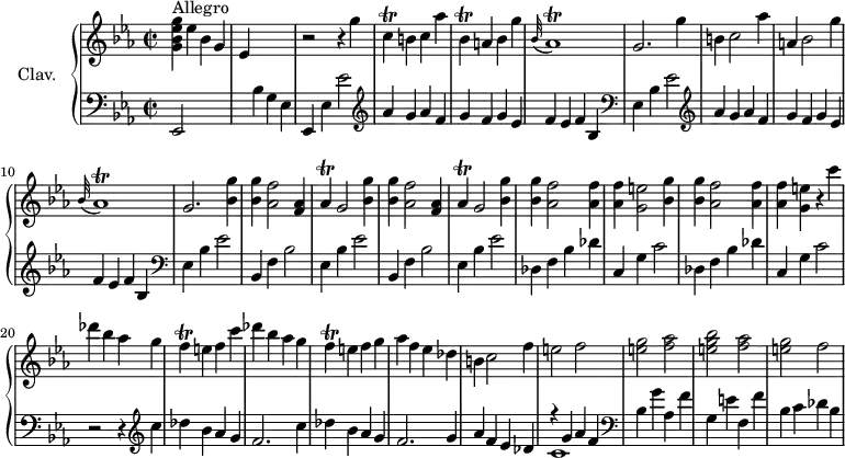 
\version "2.18.2"
\header {
  tagline = ##f
  % composer = "Domenico Scarlatti"
  % opus = "K. 123"
  % meter = "Allegro"
}

%% les petites notes
trillBesDown     = { \tag #'print { bes,4\trill } \tag #'midi { \times 2/3 { c16 bes c } bes8 } }
trillCDown       = { \tag #'print { c,4\trill } \tag #'midi { \times 2/3 { d16 c d } c8 } }
trillAesr        = { \tag #'print { \appoggiatura bes,32 aes1\trill } \tag #'midi { \repeat unfold 5 { bes16 aes~ } aes4 g16 aes } }
trillAes         = { \tag #'print { aes4\trill } \tag #'midi { \times 2/3 { bes16 aes bes } aes8 } }
trillF           = { \tag #'print { f4\trill } \tag #'midi { \times 2/3 { g16 f g } f8 } }

upper = \relative c'' {
  \clef treble 
  \key ees \major
  \time 2/2
  \tempo 2 = 92
  \set Staff.midiInstrument = #"harpsichord"
  \override TupletBracket.bracket-visibility = ##f

      s8*0^\markup{Allegro}
      < g bes ees g >4 ees' bes g | ees s2. | r2 r4 g'4 \trillCDown b4 c aes' | \trillBesDown a4 bes g' |
      % ms. 6
      \trillAesr | g2. g'4 | b, c2 aes'4 | a,! bes2 g'4 | \trillAesr | g2. < bes g' >4
      % ms. 12
      \repeat unfold 2 { < bes g' >4 < aes f' >2 < f aes >4 | \trillAes g2 < bes g' >4 } | q < aes f' >2 q4 | q < g e' >2 < bes g' >4
      % ms. 18
      q < aes f' >2 q4 | q < g e' >4 r4 c'4 | des bes aes g | \trillF e4 f c' | des bes aes g | \trillF e4 f g |
      % ms. 24
      aes4 f ees des | b c2 f4 | e2 f | < e g > < f aes > | < e g bes > < f aes > | < e g > f | 

}

lower = \relative c' {
  \clef bass
  \key ees \major
  \time 2/2
  \set Staff.midiInstrument = #"harpsichord"
  \override TupletBracket.bracket-visibility = ##f

    % ************************************** \appoggiatura \repeat unfold 2 {  } \times 2/3 { }
      ees,,2 s2. bes''4 g ees | ees, ees' ees'2 |
      % ms. 4
      \repeat unfold 2 {   \clef treble  aes4 g aes f | g f g ees | f ees f bes, |    \clef bass ees, bes' ees2   }
      % ms. 12
      \repeat unfold 2 { bes,4 f' bes2 | ees,4 bes' ees2 } | \repeat unfold 2 { des,4 f bes des | c, g' c2 } |  
      % ms. 20
      r2 r4 \clef treble   c'4 | des bes aes g | f2. c'4 | des bes aes g |
      % ms. 24
      f2. g4 | aes4 f ees des| << { r4 g4 aes f } \\ { c1 } >>  |   \clef bass bes4 g' aes, f' | g, e' f, f' | bes, c des bes |

}

thePianoStaff = \new PianoStaff <<
    \set PianoStaff.instrumentName = #"Clav."
    \new Staff = "upper" \upper
    \new Staff = "lower" \lower
  >>

\score {
  \keepWithTag #'print \thePianoStaff
  \layout {
      #(layout-set-staff-size 17)
    \context {
      \Score
     \override SpacingSpanner.common-shortest-duration = #(ly:make-moment 1/2)
      \remove "Metronome_mark_engraver"
    }
  }
}

\score {
  \keepWithTag #'midi \thePianoStaff
  \midi { }
}

