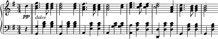 
 \relative b' {
 \new PianoStaff <<
  \new Staff { \key e \minor \time 3/4
  \tempo \markup { 
   \column {
  }
  }
  \partial 4 d\pp \bar "||" <b d g>4._\markup { \italic dolce } <b d fis>8 <b d fis>4 <b d fis>2 <b d fis>4 <a c fis>4. <a c e>8 <a c e>4 <a c e>2 <c e>4 <c e g>4. <c d fis>8 <c d fis>4 <c d fis>2 <fis, a c>4 <g b e>4. <g b d>8 <g b d>4 <g b d>2
  }
  \new Staff { \key e \minor \time 3/4 \clef bass
  r4 <g,, g'> <g' b d> <g b d> <g, g'> <g' b d> <g b d> a, <e' a c> <e a c> a, <g' a c> <g a c> <a, a'> <d a' c> <d a' c> <d d,> <d a' c> <d a' c> g, <d' g b> <d g b> g, <d' g b> }
 >>
 }
