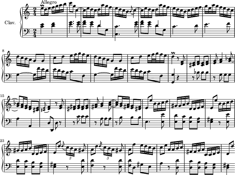 
\version "2.18.2"
\header {
  tagline = ##f
  % composer = "Domenico Scarlatti"
  % opus = "K. 200"
  % meter = "Allegro"
}

%% les petites notes
trillD      = { \tag #'print { d4\prall } \tag #'midi { e32 d e d~ d8 } }

upper = \relative c'' {
  \clef treble 
  \key c \major
  \time 2/4
  \tempo 4 = 96
  \set Staff.midiInstrument = #"harpsichord"
  \override TupletBracket.bracket-visibility = ##f

      s8*0^\markup{Allegro}
      e8\prall d16 e f g a b | c8 g c,4~ | c16 e d c d a' g f | e d c b \appoggiatura b8 c4~ | c16 e d c d a' g f |
      % ms. 6
      e16 d c b c d e f | g e a g f e d c | \repeat unfold 2 { d c b a g8 g | c d e16 f32 g f16 e } |
      % ms. 12
      \trillD r8 < d, f >8 | \repeat unfold 2 { < cis e >8 < d f > } | < e g >8 < f a >4 < g bes >8~ | q < f a >16 < e g > < d f >8 < cis e > |
      % ms. 16
      \appoggiatura < cis e >8 < d f >4 r8 < e g > | \repeat unfold 2 { < dis fis >8 < e g > } | < fis a > < g b >4 < a c >8~ | q < g b >16 < fis a > < e g >8 < dis fis > | \repeat unfold 2 { e8 e' b16 b c d |
      % ms. 21
      gis,16 gis a b d, d e f } | e8 d' \appoggiatura  d8 \times 2/3 { c16[ b a] } gis8 | a d \acciaccatura  d8 \times 2/3 { c16[ b a] } gis8 | 
      % ms. 26
      a8 f' e16 d c b | c8 e a,16 a b c | fis, fis g a c, c d e | d8 d' 

}

lower = \relative c' {
  \clef bass
  \key c \major
  \time 2/4
  \set Staff.midiInstrument = #"harpsichord"
  \override TupletBracket.bracket-visibility = ##f

    % ************************************** \appoggiatura \repeat unfold 2 {  } \times 2/3 { }
      < c e >4 < d f > < e g >4.  < e g >8 | < f a >8 < e g > << { d4 } \\ { d8 g, } >> < c, c' >4. < e' g >8 | < f a >8 < e g > << { d4 } \\ { d8 g, } >> 
      % ms. 6
      c4. d8 | e4. f8 | \repeat unfold 2 { g,4~ g16 f' e d | e d c b c8 f, } |
      % ms. 12
      < g, g' >4 r4 | r8 bes'8 bes bes | r8 g8 g g | a4 a, |
      % ms. 16
      d8 d, d' r8 | r8 c'8 c c | r8 a8 a a | r8 b8 b b | e,4. \repeat unfold 2 { < e e' >8 |
      % ms. 
      < e d' >8 < e c' > < e b' > < e a > < e gis >4 r8 } < e d' >8 | < f d' >4 r8 < e d' >8 |
      % ms. 24
      < f d' >8 d gis e | a4 r8 < d, d' >8 < d c' > < d b' > < d a' > < d g > | < d fis >4

}

thePianoStaff = \new PianoStaff <<
    \set PianoStaff.instrumentName = #"Clav."
    \new Staff = "upper" \upper
    \new Staff = "lower" \lower
  >>

\score {
  \keepWithTag #'print \thePianoStaff
  \layout {
      #(layout-set-staff-size 17)
    \context {
      \Score
     \override SpacingSpanner.common-shortest-duration = #(ly:make-moment 1/2)
      \remove "Metronome_mark_engraver"
    }
  }
}

\score {
  \keepWithTag #'midi \thePianoStaff
  \midi { }
}
