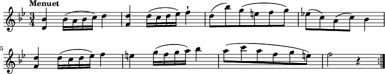 
\relative c'' {
   \version "2.18.2"
   \clef "treble" 
   \tempo "Menuet" 
   \key bes \major
   \time 3/4
       <d, bes'>4 bes'16 (a bes c) d4
       <f, d'>4 d'16 (c d ees ) f4-!
       d8 (bes') g (e f g)
       ees! (c) a (c) bes4
       <f d'>4 d'16 (c d ees ) f4
       e4 g16 (f g a ) bes4
       a8 (c a f g e)
       f2 r4 \bar ":|."
}
