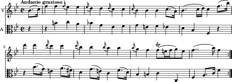 
<< \new Staff \with { instrumentName = #"V"}  
     \relative c'' {
    \version "2.18.2"
    \key bes \major 
    \tempo "Andante grazioso"
    \time 2/2
    \tempo 4 = 100
    \partial 4
   bes8.  (c16)
   f4 f  \grace f16 ( ees4) ees
   \grace ees16 ( d4) d \grace d16 (c4) c
   \grace c16 (bes4) bes bes c8. (a16)
   bes4. (c16 d) c4 f8. (bes16)
   d4 d  \grace d16 (c4) c
    \grace c16 (bes4) bes  \grace bes16 (a4) a
     \grace a16 (g4) f f8\trill (e16 f g8) e8
     f4.. (a16) f4 \bar ":|."
}
\new Staff \with { instrumentName = #"A "} \relative c' {
    \key bes \major 
    \clef "alto"
     \partial 4 r4 r
     b' c a
     bes! g ees f
     g e f ees
     d bes f r
     r bes'8. (g16) e4 a8. (fis16)
     d4 g8. (e16) c4 f8. (d16)
     bes4 b c c,
     f a8. c16 f4
}
>>
