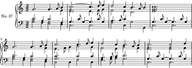 
\version "2.14.2"
\header {
  tagline = ##f
}
upper = \relative c'' {
  \clef treble 
  \key a \minor
  \time 3/2
  \tempo 2 = 78
  \autoBeamOff
  \set Staff.midiInstrument = #"harpsichord"

  << { g2. g4. a8 b4 } \\ { s2 s2 s4 f4 } >>
  << { c'2.~ c4. d8 e4 } \\ { << g,2. e2. >> e4. f8 g4 } >>
  << { d'2 c4 b4. a8 b4  } \\ { f2 e4 d2. } >>
  << c'1. g1. e1. >>

  << { g2. g4. a8 b4 } \\ { s2 s2 s4 f4 } >>
  << { c'2. c4. d8 e4 } \\ { e,4. f8 g4 a2 g4 } >>
  << { d'2 c4 b4. a8 b4  } \\ { f2 e4 g2 f4 } >>
  << { c'2. c2 d4  } \\ { << g,2. e2. >> << g2 e2 >> f4 } >>
}

lower = \relative c {
  \clef bass
  \key a \minor
  \time 3/2
  \set Staff.midiInstrument = #"harpsichord"

  << { d'2. c2 f,4 } \\ { << b2 g2 >>  f4 << g2 e2 >> d4 } \\ { s2 a'4 } >>
  << { g4. c8 g4~ g4. c8 g4 } \\ { c,2. c2. } >>
  << { a'4. b8 c4 } \\ { f,2 c4 g'2 g,4 } >>
  << { g'4. c8 g4~ g4. c8 g4 } \\ { c,2. c2. } >>

  << { d'2. c2 f,4 } \\ { << b2 g2 >>  f4 << g2 e2 >> d4 } \\ { s2 a'4 } >>
  << { << c2. g2. >> c2 c4 } \\ { c,2 c4 f2 c4 } >>
  << { a'4. b8 c4 d2. } \\ { f,4. g8 a4 g2. } >>
  << { g4. c8 g4~ g4. c8 g4~ } \\ { c,2. c2. } >>
}

\score {
  \new PianoStaff <<
    \set PianoStaff.instrumentName = #"No. 37"
    \new Staff = "upper" \upper
    \new Staff = "lower" \lower
  >>
  \layout {
    \context {
      \Score
      \remove "Metronome_mark_engraver"
    }
  }
  \midi { }
}
