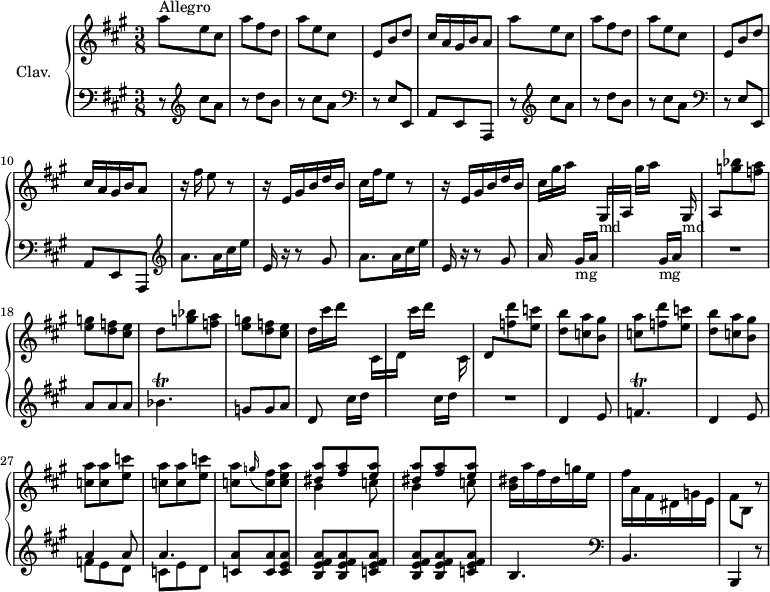 
\version "2.18.2"
\header {
  tagline = ##f
  % composer = "Domenico Scarlatti"
  % opus = "K. 182"
  % meter = "Allegro"
}

%% les petites notes
trillBesp     = { \tag #'print { bes4.\trill } \tag #'midi { c32 bes c bes~ bes4 } }
trillFp       = { \tag #'print { f4.\trill } \tag #'midi { g32 f g f~ f4 } }

upper = \relative c'' {
  \clef treble 
  \key a \major
  \time 3/8
  \tempo 4. = 62
  \set Staff.midiInstrument = #"harpsichord"
  \override TupletBracket.bracket-visibility = ##f

      s8*0^\markup{Allegro}
      \repeat unfold 2 { a'8 e cis | a' fis d | a' e cis | e, b' d | cis16 a gis b   \tempo 4. = 50 a8 \tempo 4. = 62 } |
      % ms. 11
      \autoBeamOff r16 fis'16 e8 r8 \autoBeamOn | r16 e,16 gis b d b | cis fis e8 r8 | 
      % ms. 14
      r16 e,16 gis b d b | cis gis' a s8 gis,,16[-\markup{md} | a] gis''[ a] s8 gis,,16-\markup{md} \stemUp a8 \stemDown < g'' bes > < f a > | < e g > < d f > < cis e > | d8 < g bes > < f a > |
      % ms. 20
       < e g > < d f > < cis e > | d16 cis' d s8 cis,,16[ | d] cis''[ d] s8 cis,,16 | \stemUp d8 \stemDown < f' d' >8 < e c' > | < d b' > < c a' > < b gis' > | < c a' > < f d' >8 < e c' > |
      % ms. 26
      < d b' > < c a' > < b gis' > | \repeat unfold 2 { < c a' > q < e c' > } | < c a' >8 \appoggiatura g'16 < c, fis >8 < c e a > | \repeat unfold 2 { << { < dis a' >8  < fis a > < e a > } \\ { b4 c8 } >> } | < b dis >16 a' fis dis g e |
      % ms. 33
      fis16 a, fis dis g e | fis8 b, r8 |

}

lower = \relative c' {
  \clef bass
  \key a \major
  \time 3/8
  \set Staff.midiInstrument = #"harpsichord"
  \override TupletBracket.bracket-visibility = ##f

    % ************************************** \appoggiatura \repeat unfold 2 {  } \times 2/3 { }
      \repeat unfold 2 { r8   \clef treble  cis'8 a | r8 d b | r8 cis a    \clef bass | r8 e,8 e,  | a e a, } |   \clef treble 
      % ms. 11
      \repeat unfold 2 { a'''8. a16 cis e | e,16 r16 r8 gis8 } | a16 s8 gis16[-\markup{mg} a] s8 | s8 gis16[-\markup{mg} a] s16 | R4. | a8 a a | \trillBesp |
      % ms. 20
      g8 g a | d,8 s16 cis'16[ d] s4 cis16[ d] s16 | R4. | d,4 e8 | \trillFp | 
      % ms. 26
      d4 e8 | << { a4 a8 | a4. } \\ { f8 e d | c e d } >> | < c a' > q < c e a > | \repeat unfold 2 { < b e fis a > q < c e fis a > } b4. |   \clef bass
      % ms. 33
      b,4. | b,4 r8

}

thePianoStaff = \new PianoStaff <<
    \set PianoStaff.instrumentName = #"Clav."
    \new Staff = "upper" \upper
    \new Staff = "lower" \lower
  >>

\score {
  \keepWithTag #'print \thePianoStaff
  \layout {
      #(layout-set-staff-size 17)
    \context {
      \Score
     \override SpacingSpanner.common-shortest-duration = #(ly:make-moment 1/2)
      \remove "Metronome_mark_engraver"
    }
  }
}

\score {
  \keepWithTag #'midi \thePianoStaff
  \midi { }
}
