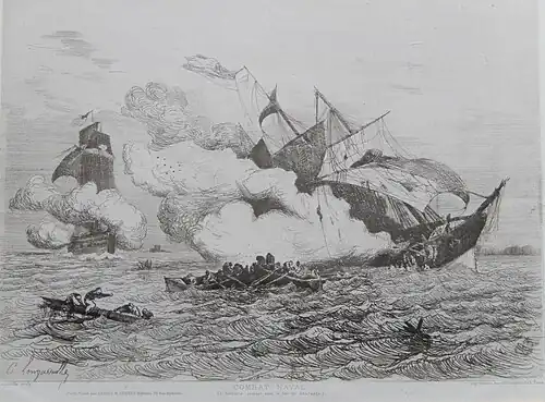 Combat naval (L'Alabama coulant sous le feu de Kearsarge), 1864, eau-forte (21,5x30)