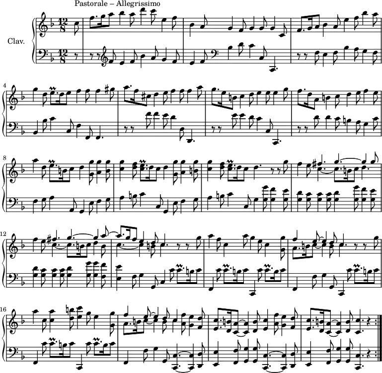 
\version "2.18.2"
\header {
  tagline = ##f
  % composer = "Domenico Scarlatti"
  % opus = "K. 446"
  % meter = "Pastorale Allegrissimo"
}

%% les petites notes
trillAccoCEesqp     = { \tag #'print { < c e >8.\prall } \tag #'midi { << { c8. } \\ { f32 e f e~ e16 } >> } }
trillCqp            = { \tag #'print { c8.\prall } \tag #'midi { d32 c d c~ c16 } }
trillEqp            = { \tag #'print { e8.\prall } \tag #'midi { f32 e f e~ e16 } }

upper = \relative c'' {
  \clef treble 
  \key f \major
  \time 12/8
  \tempo 4. = 72
  \set Staff.midiInstrument = #"harpsichord"
  \override TupletBracket.bracket-visibility = ##f

  \repeat volta 2 {
\partial 8
      s8*0^\markup{Pastorale – Allegrissimo}
      c8 | f8. g16 a8 bes4 a8 d4 c8 e,4 f8 | bes,4 a8 g4 f8 g4 g8 g4 c,8 | f8. g16 a8 bes4 a8 e'4 f8 bes4 a8 |
      % ms. 4
      g4 d8 \trillEqp d16 e8 f4 f8 f4 gis8 | a8. f16 cis8 d4 e8 f4 f8 f4 a8 | g8. e16 b8 c4 d8 e4 e8 e4 g8 | f8. d16 a8 b4 c8 d4 e8 f4 e8 |
      % ms. 8
      a4 d,8 \trillEqp b16 c8  d4 < g, g' >8 < a g' >4 < b g' >8 | < c g' >4 < d f >8 \trillAccoCEesqp d16 c8  d4 < g, g' >8 < a g' >4 < b g' >8 | < c g' >4 < d f >8 \trillAccoCEesqp d16 c8  d4. r8 r8 g8 |
      % ms. 11
      f4 e8 << { fis4. g4.~ g4 g8 } \\ { c,4.~ c8. b16 c8 d4. } >> | f4 e8 << { fis4. g4.~ g4 a8~ | a8. g16 f8 e4 d8 c4. } \\ { c4.~ c8. b16 c8 d4 b8 | c4.~ c4 b8 c4. } >> r8 r8 g'8 |
      % ms. 14
      a4f8 c4 a'8 g4 e8 c4 <g g' >8 | << { f'4 e8~ e4 d8 c4. } \\ { a8. b16 c8~ c4 b8 c4. } >> r8 r8 g'8 a4 c,8 <c a' >4 < d b' >8 < e c' >4 g8 e4 | < g, g' >8 |
      % ms. 17
       << { f'4 e8~ e4 d8 c4 } \\ { a8. b16 c8~ c4 b8 c4 } >> < a f' >8 < g e' >4 < f d' >8 | < e c' >8. < d b' >16 < c a' >8~ q4 < d b' >8 < e c' >4 < a f' >8 < g e' >4 < f d' >8 | < e c' >8. < d b' >16 < c a' >8~ q4   \tempo 4. = 52 < d b' >8   \tempo 4. = 35 < c c' >4. r4   \tempo 4. = 72 }%repet

}

lower = \relative c' {
  \clef bass
  \key f \major
  \time 12/8
  \set Staff.midiInstrument = #"harpsichord"
  \override TupletBracket.bracket-visibility = ##f

  \repeat volta 2 {
    % ************************************** \appoggiatura a16  \repeat unfold 2 {  } \times 2/3 { }   \omit TupletNumber 
      r8 | r8 r8   \clef treble f8 e4 f8 bes4 a8 g4 f8 | e4 f8   \clef bass bes,4 d8 c4 c,8 c,4. | r8 r8 f' e4  f8 bes4 a8 g4 f8 |
      % ms. 4
      bes,4 bes'8 c4 c,8 f4 f,8 f4. | r8 r8 f''8 f4 e8 d4 d,8 d,4. | r8 r8 e''8 e4 d8 c4 c,8 c,4. | r8 r8 d''8 d4 c8 b4 a8 g4 c8 | 
      % ms. 8
      f,4 g8 a4 a,8 g4 e'8 f4 g8 | a4 b8 c4 c,8 g4 e'8 f4 g8 | a4 b8 c4 c,8 g'4 < g g' >8 < g f' >4 < g e' >8 |
      % ms. 11
      < g d' >4 < g c >8 q4 q8 < g d' >4 < g g' >8 < g f' >4 < g e' >8 | < g d' >4 < g c >8 q4 q8 < g d' >4 < g g' >8 q4 < f f' >8 | < e e' >4 f8 g4 g,8 c4 c'8 \trillCqp b16 c8 |
      % ms. 14
      f,,4 c''8 \trillCqp b16 c8 c,,4 c''8 \trillCqp b16 c8 | f,,4 f'8 g4 g,8 c,4 c''8 \trillCqp b16 c8 | f,,4 c''8 \trillCqp b16 c8 c,,4 c''8 \trillCqp b16 c8 |
      % ms. 17
      f,,4 f'8 g4 g,8 \repeat unfold 2 { < c, c' >4.~ q4 < d d' >8 | < e e' >4 < f f' >8 < g g' >4 q8 } < c, c' >4. r4 }%repet 

}

thePianoStaff = \new PianoStaff <<
    \set PianoStaff.instrumentName = #"Clav."
    \new Staff = "upper" \upper
    \new Staff = "lower" \lower
  >>

\score {
  \keepWithTag #'print \thePianoStaff
  \layout {
      #(layout-set-staff-size 17)
    \context {
      \Score
     \override SpacingSpanner.common-shortest-duration = #(ly:make-moment 1/2)
      \remove "Metronome_mark_engraver"
    }
  }
}

\score {
  \unfoldRepeats 
  \keepWithTag #'midi \thePianoStaff
  \midi { }
}
