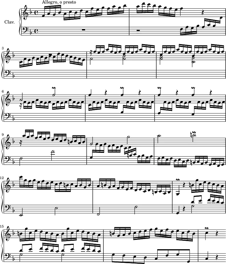 
\version "2.18.2"
\header {
  tagline = ##f
  % composer = "Domenico Scarlatti"
  % opus = "K. 445"
  % meter = "Allegro, o presto"
}

%% les petites notes
trillFbUp      = { \tag #'print { f'2\prall } \tag #'midi { g32 f g f~ f8~ f4 } }
trillF         = { \tag #'print { f4\prall } \tag #'midi { g32 f g f~ f8 } }
trillBb        = { \tag #'print { b2\prall } \tag #'midi { c32 b c b~ b8~ b4 } }
trillG         = { \tag #'print { g4\prall } \tag #'midi { a32 g a g~ g8 } }
trillC         = { \tag #'print { c4\prall } \tag #'midi { d32 c d c~ c8 } }

upper = \relative c'' {
  \clef treble 
  \key f \major
  \time 4/4
  \tempo 4 = 126
  \set Staff.midiInstrument = #"harpsichord"
  \override TupletBracket.bracket-visibility = ##f

      s8*0^\markup{Allegro, o presto}
      f,16 a g bes a c bes \stemDown \change Staff = "upper"  d | c16 f e g f a g bes a d c bes a g f e | f4 r4 
      % ms. 3
      R1 | \stemUp r16 f16 e f a f e f d f e f a f e f |
      % ms. 5
      c16 f e f a f e f bes, f' e f a f e f | a,2 \trillFbUp | f4 r4 \repeat unfold 3 { \trillF r4 } |
      % ms. 9
      r16 a16 g a f g e f d e c d b c a b | \stemNeutral g2 g' |
      % ms. 11
      a2 \trillBb | c16 g f g e f d e c d b c a b g b | a b g a f g e f d e c d b c a b |
      % ms. 14
      \trillG r4 \repeat unfold 3 { b'16 g' c, e d c b a } | b g a b c d e f g e f d e c d b |
      % ms. 17
      \trillC r4 

}

lower = \relative c' {
  \clef bass
  \key f \major
  \time 4/4
  \set Staff.midiInstrument = #"harpsichord"
  \override TupletBracket.bracket-visibility = ##f

    % ************************************** \appoggiatura a16  \repeat unfold 2 {  } \times 2/3 { }   \omit TupletNumber 
      R1 | r2 | f,16 a g bes a c bes \stemDown \change Staff = "upper"  d | 
      % ms. 3
      c16 f e g f a g bes a d c bes a g f e | f2 < f bes >
      % ms. 5
      < f a >2 < c g' > | r16 f16 e f a f e f d f e f a f e f | c f e f a f e f \stemUp \change Staff = "lower" bes, \stemDown \change Staff = "upper" f' e f a f e f | \stemUp \change Staff = "lower" 
      % ms. 8
      a,16 \stemDown \change Staff = "upper" f' e f a f e f \stemUp \change Staff = "lower"  g, \stemDown \change Staff = "upper" f' e f a f e f | \stemNeutral \change Staff = "lower" f,2 f' | g,16 \stemDown \change Staff = "upper" g' f g e f d e c d \stemUp \change Staff = "lower"  b c \stemNeutral a b g a |
      % ms. 11
      f16 g e f d e c d b c a b g a f g | e2 e' | f, f' |
      % ms. 14
      g,4 r4 \repeat unfold 3 { << { d''8 e f16 e d c } \\ { g2 } >> } | g8 f e d c f g g, |
      % ms. 17
      c4 r4

}

thePianoStaff = \new PianoStaff <<
    \set PianoStaff.instrumentName = #"Clav."
    \new Staff = "upper" \upper
    \new Staff = "lower" \lower
  >>

\score {
  \keepWithTag #'print \thePianoStaff
  \layout {
      #(layout-set-staff-size 17)
    \context {
      \Score
     \override SpacingSpanner.common-shortest-duration = #(ly:make-moment 1/2)
      \remove "Metronome_mark_engraver"
    }
  }
}

\score {
  \keepWithTag #'midi \thePianoStaff
  \midi { }
}

