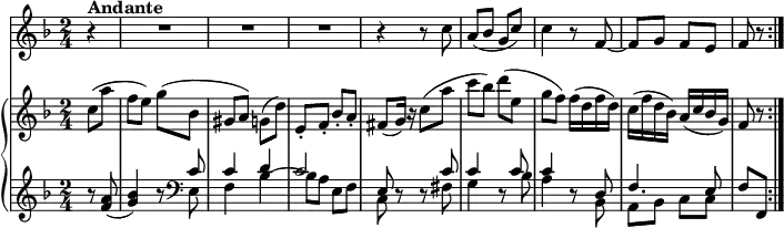 
\version "2.18.2"
\header {
  tagline = ##f
}

upper = \relative c'' {
                 \key f \major
                 \time 2/4
                 \tempo 4 = 60
               \partial 8 c8 (a' f e) g (bes, gis a) g (d')
                e,-. f-. bes-. a-.
                fis (g16) r c8 (a' c bes) d (e, g f)
                f16 (d f d) c (f d bes) a (c bes g)
                f8 r \bar ":|."
            }
   
lower =      \relative c {
                \clef bass 
          
                  \key f \major
                  \time 2/4
                  \clef treble
           \partial 8  r8 <f' a>8 (<g bes>4) r8  \clef bass
           <<{\relative c {\stemDown e8 f4 bes ~  bes8 a e f c d \rest d \rest  fis g4 d8 \rest bes' a4 d,8 \rest bes a bes c c}} 
           \\ \relative c {{ \stemUp c'8 c4 d c2 e,8 s s c' c4 s8 c c4 s8 d, f4. e8}}>>
           f,8 f, \bar ":|."
             }
      
 vl = \relative c'' {
              \key f \major
              \time 2/4
           \partial 4 r4 ^ \markup {\bold {"Andante"} } \repeat unfold 3 { R1 * 2/4 }
           r4 r8 c
           a (bes g c)
           c4 r8 f, ~ f g  f e f r \bar ":|."
          }    
                 
\score {
    \new GrandStaff <<
      \new PianoStaff <<  
        \new Staff = "upper" \upper
        \new Staff = "lower" \lower
    >>
   \new Staff = "vl" \vl
    >>
    
    \layout {
    \context {
      \Score
      \remove "Metronome_mark_engraver"
    }
  }
  \midi { }
}
