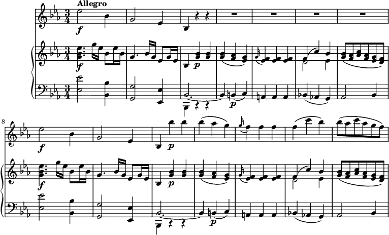 
\version "2.18.2"
\header {
  tagline = ##f
}
upper = \relative c'' {
               \key ees \major
               \time 3/4
               \tempo 4 = 130     
          <g bes ees>4.\f g'16 ees bes8 ees16 bes
          g4. bes16 g ees8 g16 ees
          bes4 <g' bes>4 \p<g bes>
          <g bes> (<f aes> <ees g>)
          \grace g16 (<ees f>4)  <ees f>  <ees f>
          <<{\stemDown d2 ees4 } \\ { \stemUp f4 ^ (c') bes}>>
          <g bes>8 (<f aes> <aes c> <f aes> <ees g> <d f>)
          <g bes ees>4.\f g'16 ees bes8 ees16 bes
          g4. bes16 g ees8 g16 ees
          bes4 <g' bes>4 \p<g bes>
          <g bes> (<f aes> <ees g>)
          \grace g16 (<ees f>4)  <ees f>  <ees f>
          <<{\stemDown d2 ees4 } \\ { \stemUp f4 ^ (c') bes}>>
          <g bes>8 (<f aes> <aes c> <f aes> <ees g> <d f>)
            } 
lower =  \relative c {
                \clef bass 
                \key ees \major
                \time 3/4   
          <ees ees'>2 <bes bes'>4
          <g g'>2 <ees ees'>4 
          <<{\stemDown bes4 c\rest c\rest} \\ { \stemUp bes'2. ~ bes4}>>
          b4\p (c)
          a a a
          bes! (aes! g)
          aes2 bes4
          <ees ees'>2 <bes bes'>4
          <g g'>2 <ees ees'>4 
          <<{\stemDown bes4 c\rest c\rest} \\ { \stemUp bes'2. ~ bes4}>>
          b4\p (c)
          a a a
          bes! (aes! g)
          aes2 bes4
             }      
 vl = \relative c'' {
              \key ees \major
              \time 3/4
    ees2\f^ \markup \bold {{"Allegro"}} bes4
    g2 ees4 bes r r \repeat unfold 4 {R1*3/4}
    ees'2\f bes4
    g2 ees4 bes bes'' \p bes
    bes (aes g) \grace g16 (f4) f f
    f (c' bes)
    bes8 (aes c aes g f)
                 }             
\score {
    \new GrandStaff <<
      \new PianoStaff <<  
        \new Staff = "upper" \upper
        \new Staff = "lower" \lower
       \set Staff.midiMinimumVolume = #0.2 \set Staff.midiMaximumVolume = #0.5
    >>
   \new Staff = "vl" \vl
    >>
    \layout {
    \context {
      \Score
      \remove "Metronome_mark_engraver"
    }
  }
  \midi { }
}
