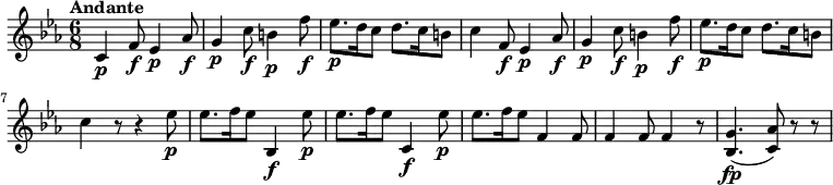 
\relative c'' {
    \version "2.18.2"
    \key ees \major
    \time 6/8
    \tempo "Andante" 
    c,4\p f8 \f ees4\p aes8 \f
    g4\p c8 \f b4\p f'8 \f
    ees8.\p d16 c8 d8. c16 b8
   c4 f,8\f ees4 \p aes8\f
   g4 \p c8\f b4\p f'8\f
   ees8. \p d16 c8 d8. c16 b8
   c4 r8 r4 ees8\p
   ees8. f16 ees8 bes,4\f ees'8  \p
   ees8. f16 ees8 c,4\f ees'8 \p
   ees8. f16 ees8 f,4 f8
   f4 f8 f4 r8
   <bes, g'>4.\fp (<c aes'>8) r8 r8
  }
