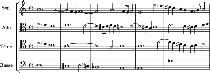  
\version "2.18.2"
\header {
  tagline = ##f
}

global= {
  \time 2/1
  \set Staff.timeSignatureFraction = 2/2
  \key c \major
}

Soprano = \new Voice \relative c'' {
  \set Staff.instrumentName = #"Sop."
  \set Staff.midiInstrument = #"orchestral harp"
  \tempo 2 = 92
 
    a1. g2~ g f4 e f1~ f2 g2. f8 e f2 | e1 e'2. d4 | cis b a g f4. g8 a2
  
    %\addlyrics {    } % impossible de mettre le texte pour l'instant...
   
}

Alto = \new Voice \relative c' {
  \set Staff.instrumentName = #"Alto"
  \clef alto
  \set Staff.midiInstrument = #"orchestral harp" %recorder"
 
  f2. e4 d1 e1. d2~ d4 cis8 d e4 d c2 d2~ d cis4 b cis1 | e2. d4 cis d e f

}

Tenor = \new Voice \relative c' {
  \set Staff.instrumentName = #"Ténor"
  \clef tenor
  \set Staff.midiInstrument = #"orchestral harp"

  d2. c4 bes1~ | a\breve~ a2 g a1 a1. e'2~ e4 d cis b a b cis2

}

Basse = \new Voice \relative c {
  \set Staff.instrumentName = #"Basse"
  \clef bass
  \set Staff.midiInstrument = #"orchestral harp"

  d\breve cis1  d2. c4 | bes1 a | a\breve | a'\breve

}

\score {
  \new StaffGroup <<
    \new Staff << \global \Soprano >>
    \new Staff << \global \Alto >>
    \new Staff << \global \Tenor >>
    \new Staff << \global \Basse >>
  >>
  \layout {
    #(layout-set-staff-size 17)
    \context {
      \Score
      \remove "Metronome_mark_engraver"
      \override SpacingSpanner.common-shortest-duration = #(ly:make-moment 1/2)
    }
  }
  \midi { }
}
