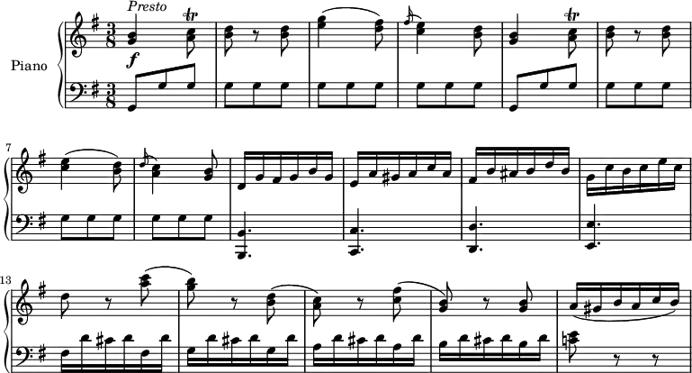 
\version "2.18.2"
\header {
  tagline = ##f
}
upper = \relative c' {
  \clef treble 
  \key g \major
  \time 3/8
  \tempo "Presto"
  \tempo 4 = 145
  %\autoBeamOff

 <g' b>4 \f ^\markup{ \italic {Presto } } <a c>8 \trill
  <b d> r <b d>
<e g>4 (<d fis>8)
 \grace fis16 ^(<c e>4) <b d>8
<g b>4 <a c>8 \trill
<b d> r <b d>
<c e>4 (<b d>8)
 \grace d16 ^(<a c>4) <g b>8
 d16 g fis g b g
 e a gis a c a
 fis b ais b d b
 g c b c e c 
 d8 r <a' c>
 (<g b>) r <b, d>
 (<a c>) r <c fis>
 (<b g>) r <g b>
 a16 (gis b a c b)
 

}

lower = \relative c {
  \clef bass
  \key g \major
  \time 3/8
   
  g8 g' \repeat unfold 10 {g} 
  g,8 g' \repeat unfold 10 {g}
 <b,, b'>4.  <c c'> <d d'> <e e'>
 fis'16 d' cis d fis, d'
 g, d' cis d g, d'
 a d cis d a d
 b d cis d b d
 <c! e>8 r r
} 

\score {
  \new PianoStaff <<
    \set PianoStaff.instrumentName = #"Piano"
    \new Staff = "upper" \upper
    \new Staff = "lower" \lower
  >>
  \layout {
    \context {
      \Score
      \remove "Metronome_mark_engraver"
    }
  }
  \midi { }
}
