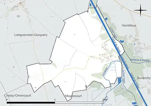Carte en couleur présentant le réseau hydrographique de la commune