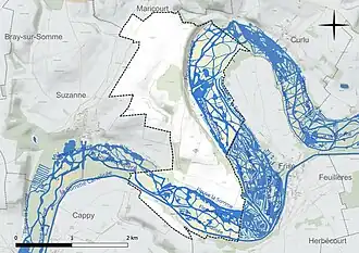 Carte en couleur présentant le réseau hydrographique de la commune