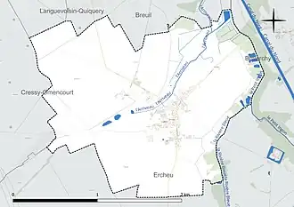 Carte en couleur présentant le réseau hydrographique de la commune