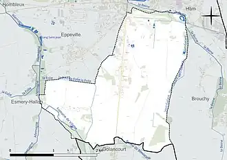 Carte en couleur présentant le réseau hydrographique de la commune