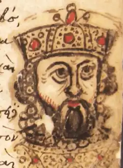 Dessin du buste d'un empereur sur la page d'un manuscrit.