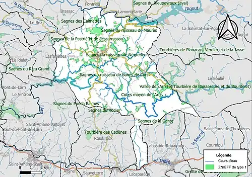 Carte des ZNIEFF de type 1 sur la commune.